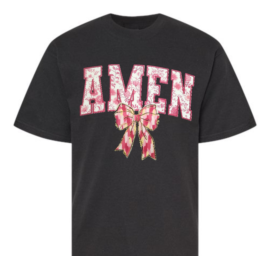 Preppy Pink Amen with Watercolor Bow T-shirt