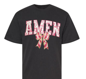 Preppy Pink Amen with Watercolor Bow T-shirt