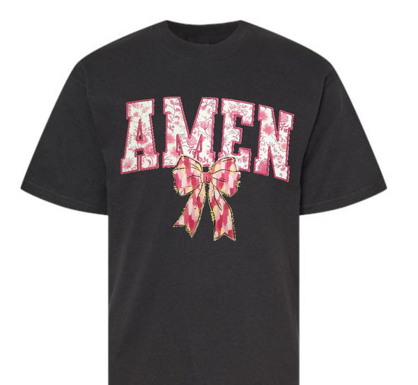 Preppy Pink Amen with Watercolor Bow T-shirt