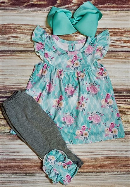 Mint Floral Diva Girls Capri Set